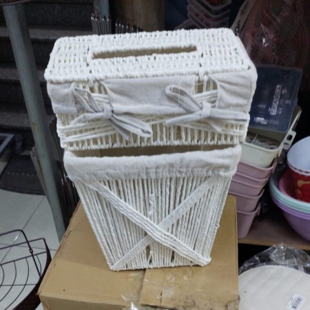 طقم سلة مهملات مع علبة محارم مجدول خيط رتان / قش صناعة يدوية